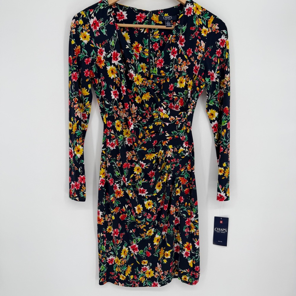 Chaps Wrap Sheath Dress Womens Floral Faux Navy Multi Career Feminine 4P